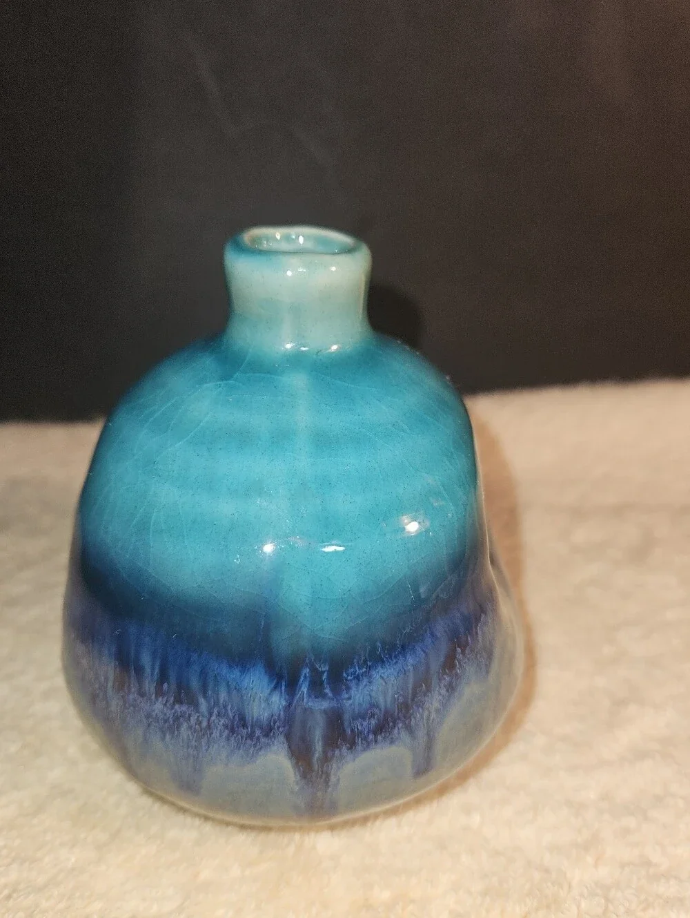 Vintage Kotobuki Japanese Ceramic Mini Bud Vase Mino Ware Ocean Blue Glaze Art